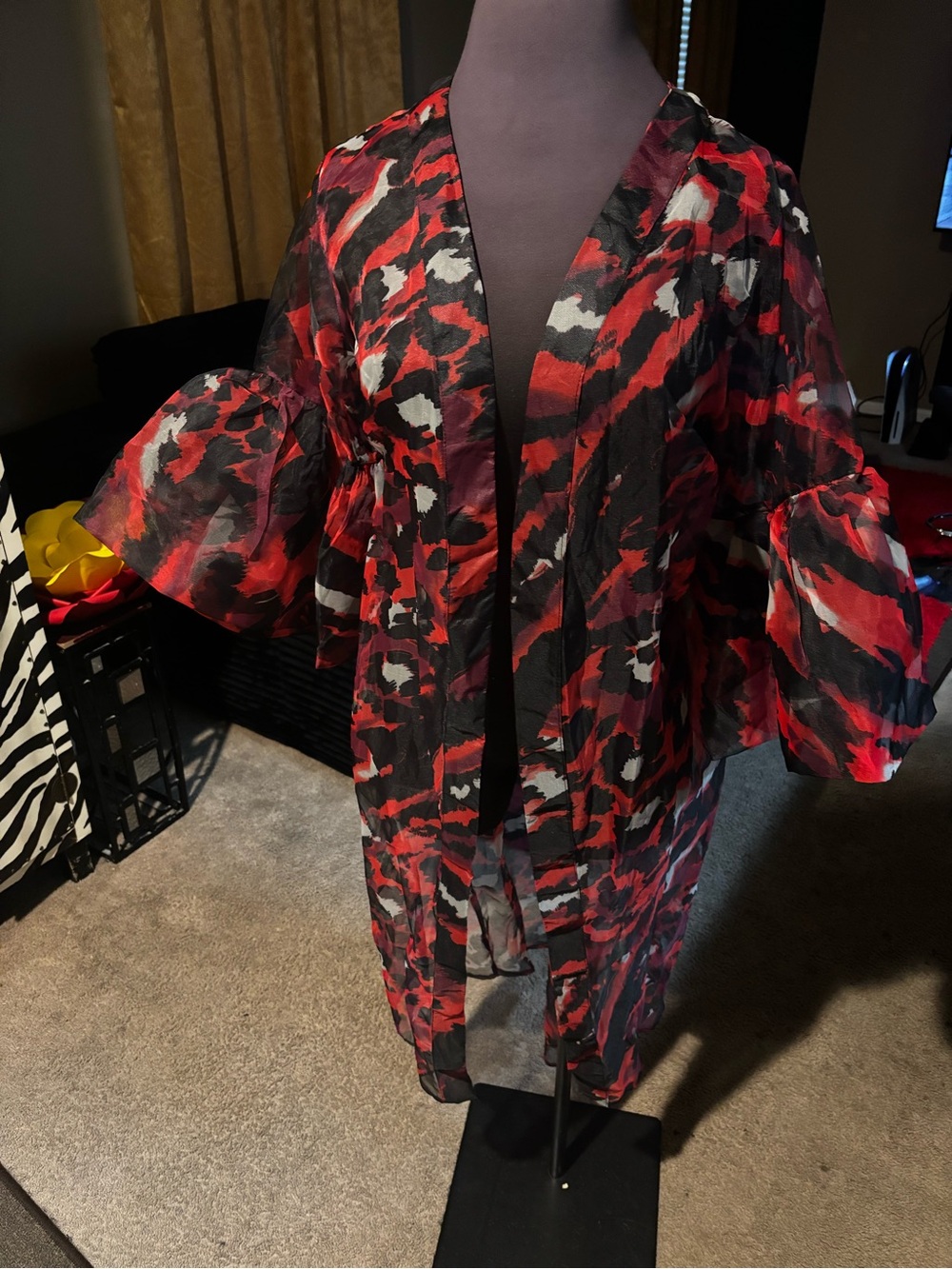 Sheer Red & Black Printed Kimono Jacket